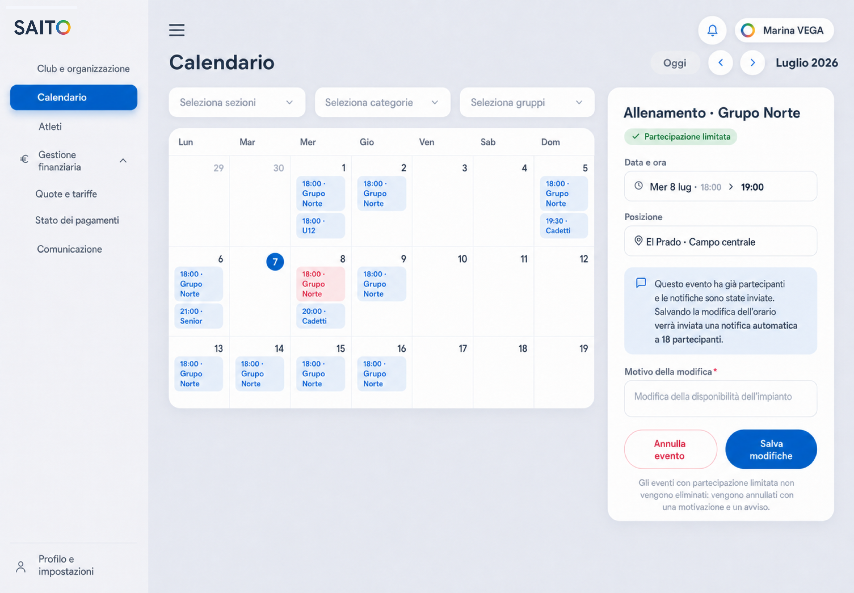 Calendario e prenotazioni